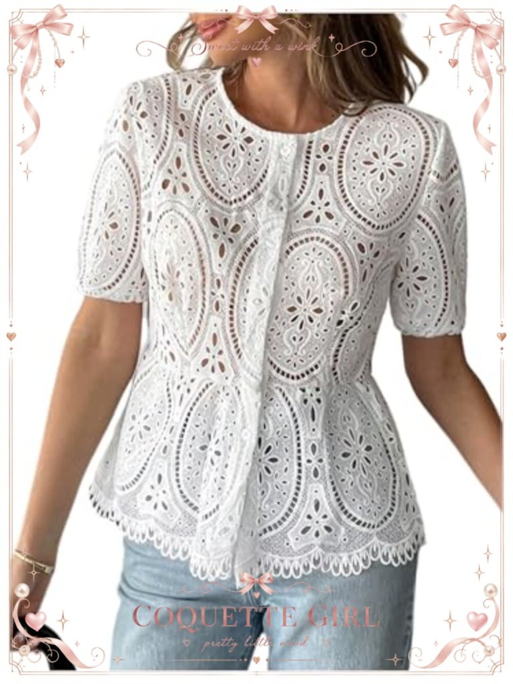 Eyelet Lace Button Up Short Sleeve Peplum Blouse Top